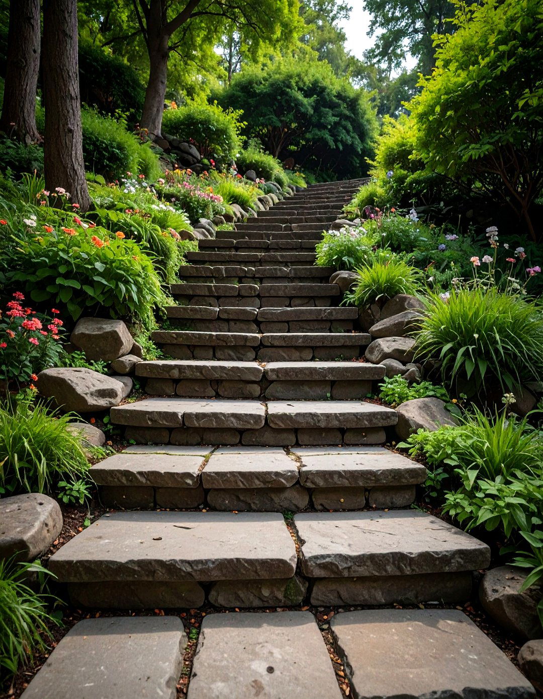 A Stone Staircase on a Hillside - 30 garden ideas with rocks