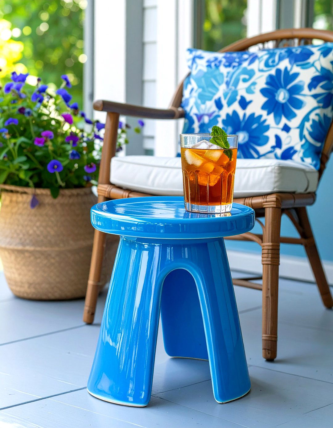 A Stool as a Small Porch Side Table - 30 small porch decorating ideas