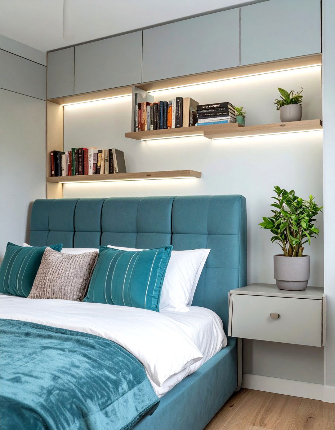 A Storage Headboard - 30 small apartment bedroom ideas