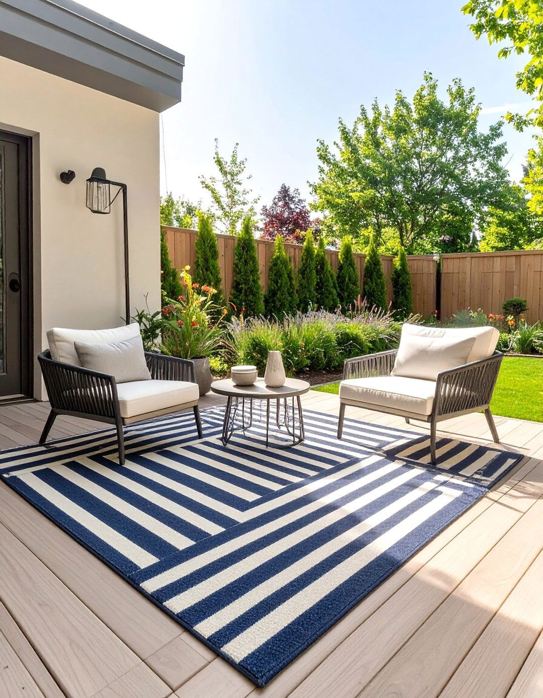 A Striped Outdoor Rug Area - 30 modern backyard ideas on a budget