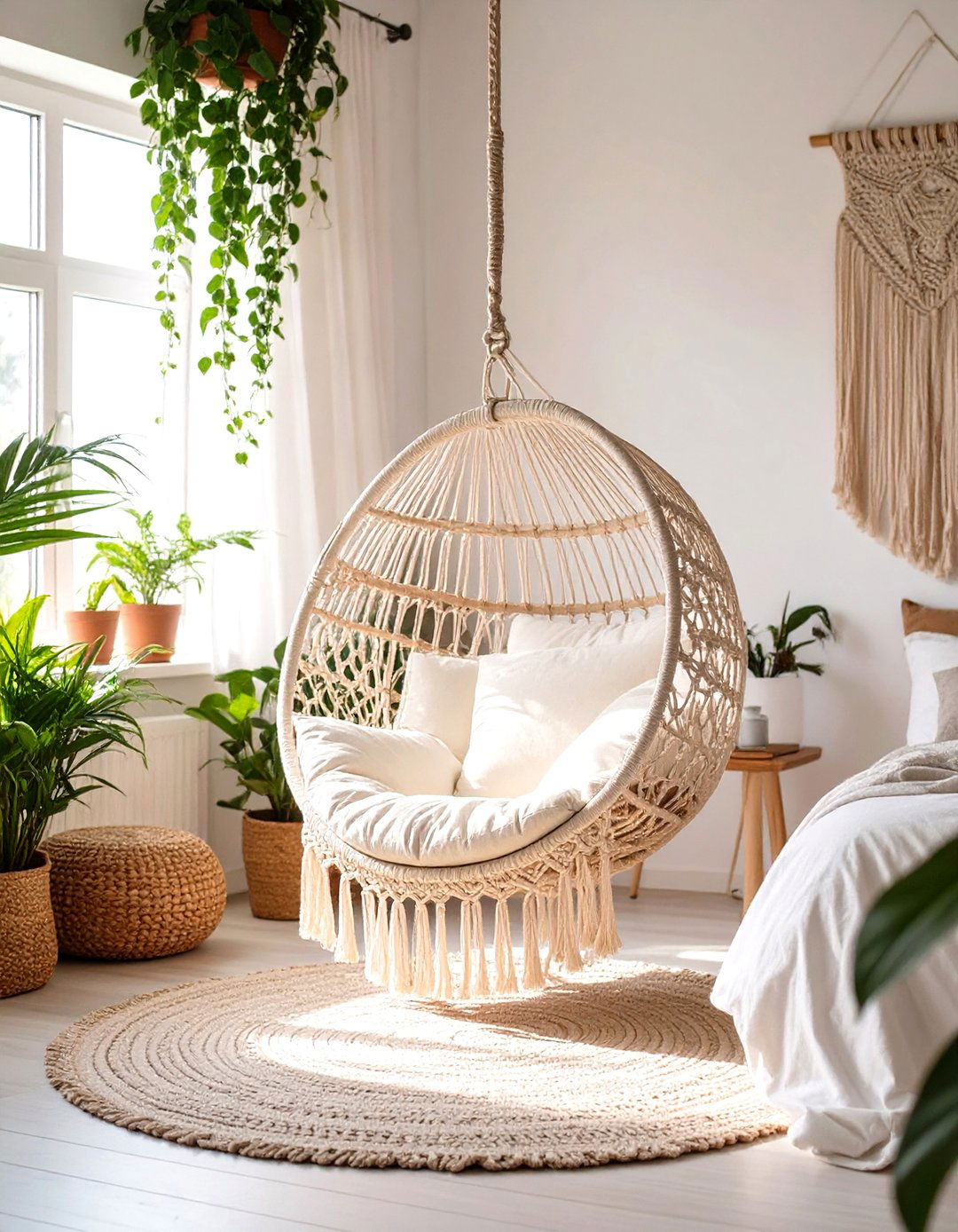 A Suspended Bedroom Hanging Chair - 30 bedroom seating ideas