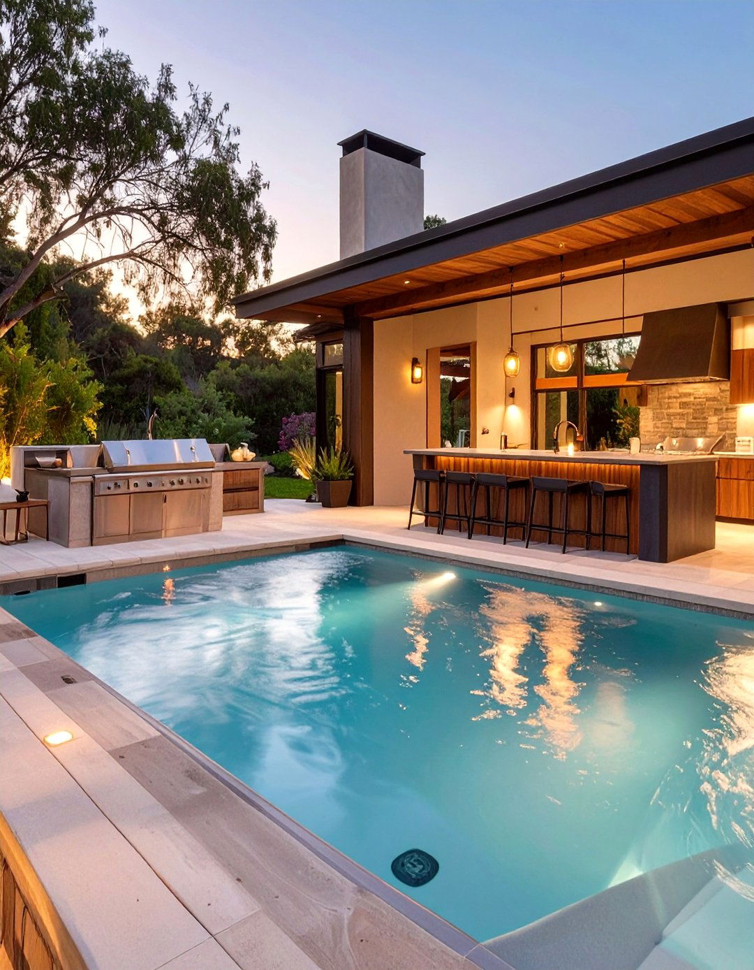 A Swim Spa Adjacent to an Outdoor Kitchen - 30 above ground swim spa landscaping ideas