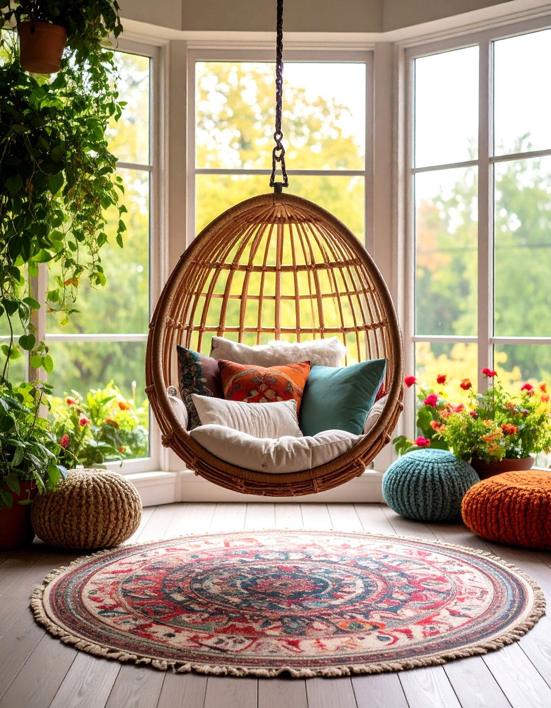 A Swing Chair Sanctuary - 30 living room bay window ideas