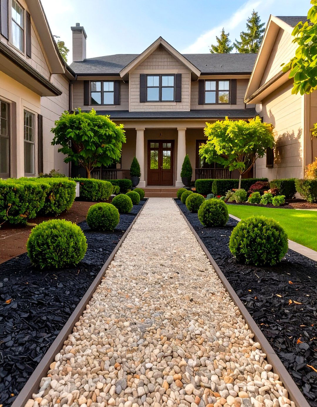A Symmetrical Formal Design with Gravel and Boxwoods - 30 low maintenance front yard landscaping ideas with rocks and mulch