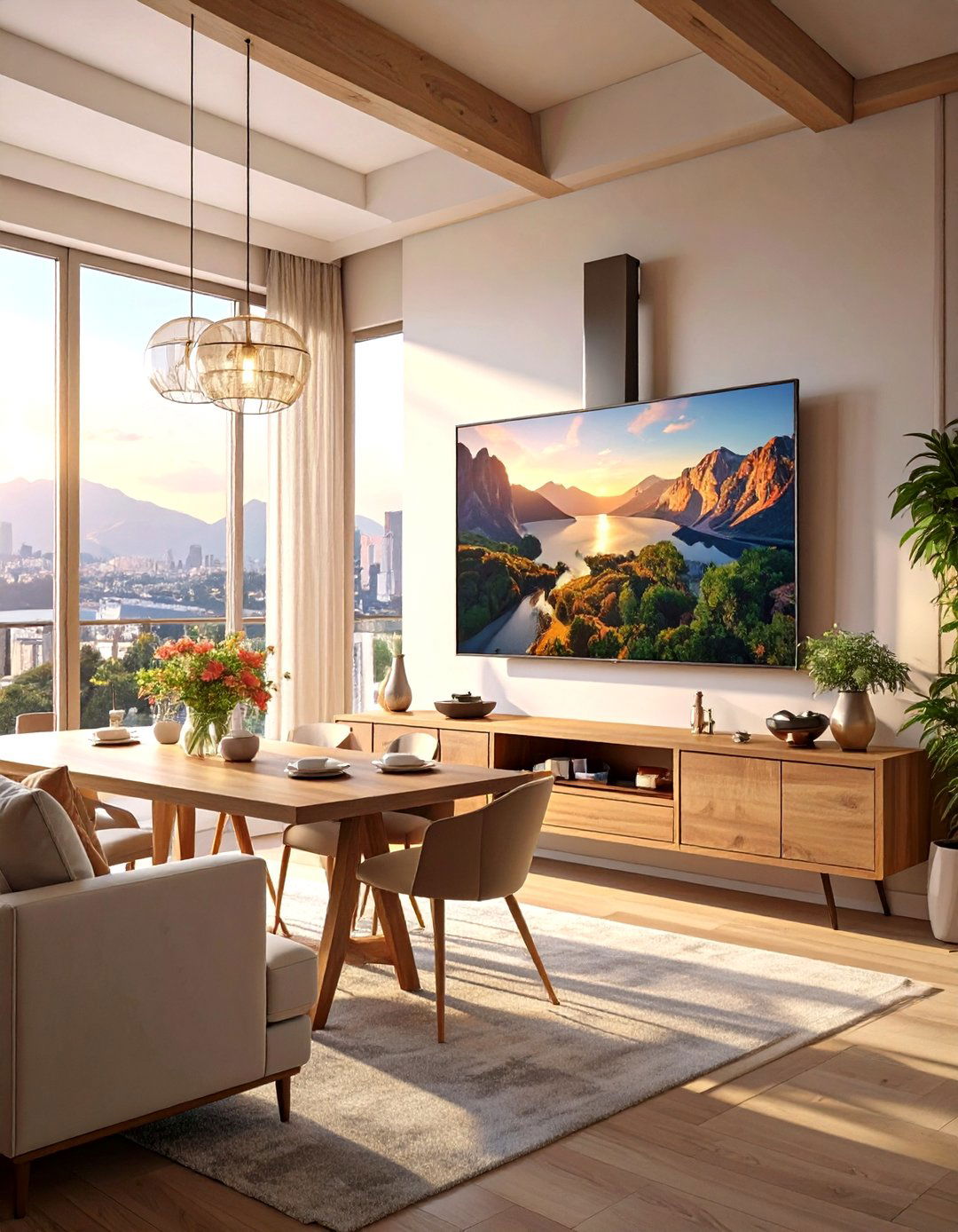 A TV on a Swivel Mount for Flexible Viewing - 30 small living room ideas with tv and dining table