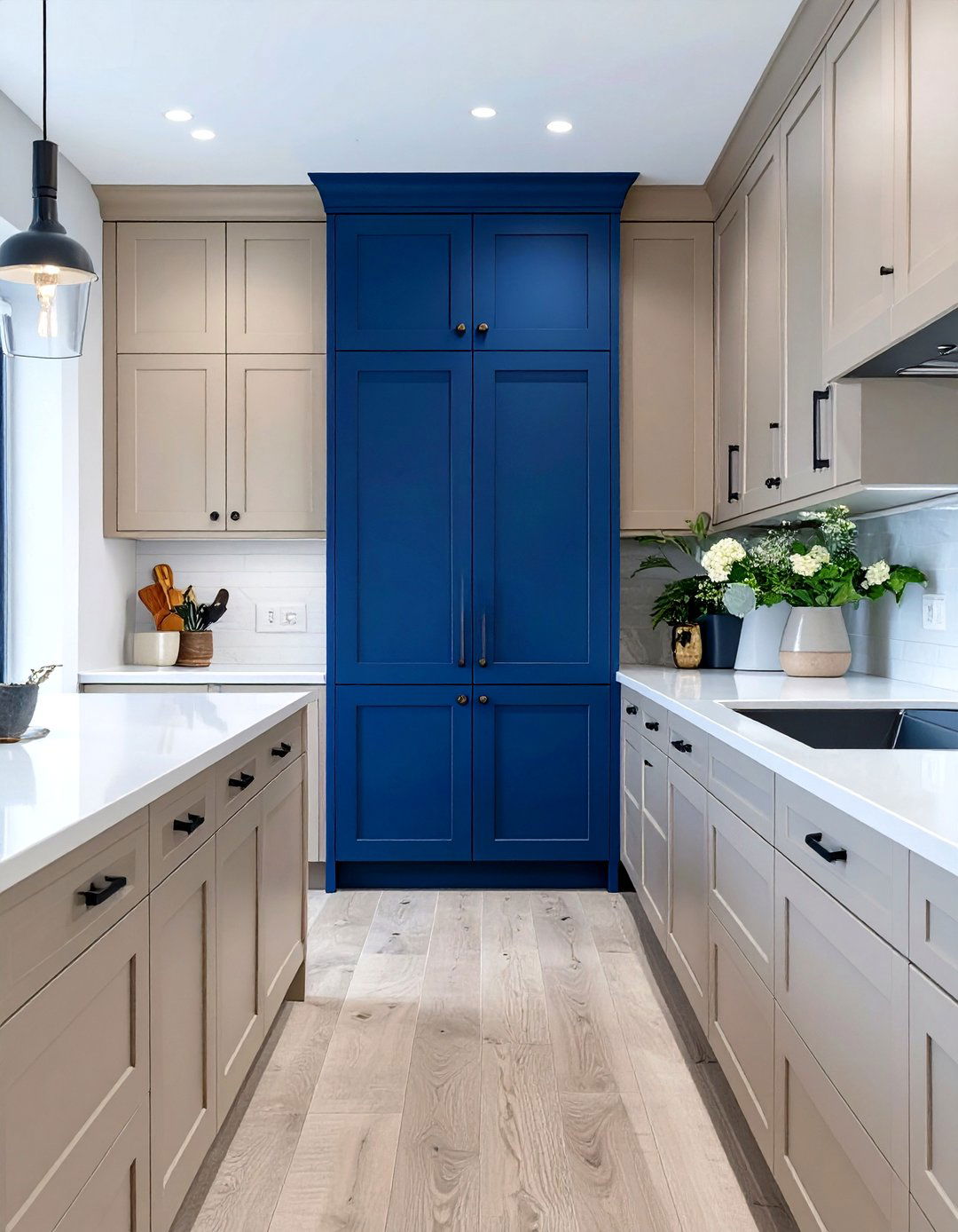A Tall Pantry Cabinet in a Contrasting Hue - 30 two tone painted kitchen cabinet ideas