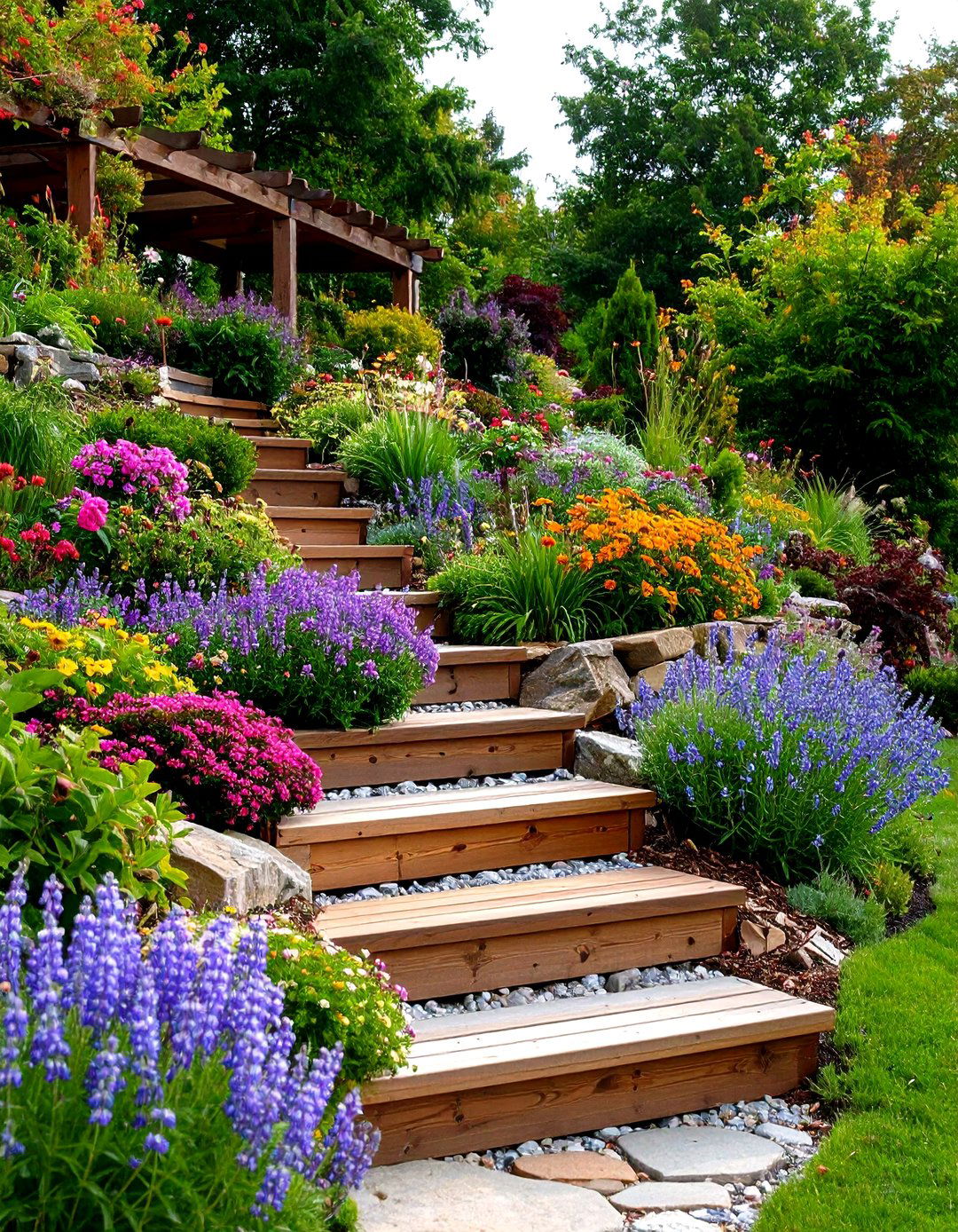 A Terraced Timber Retaining Wall Border - 30 garden border ideas