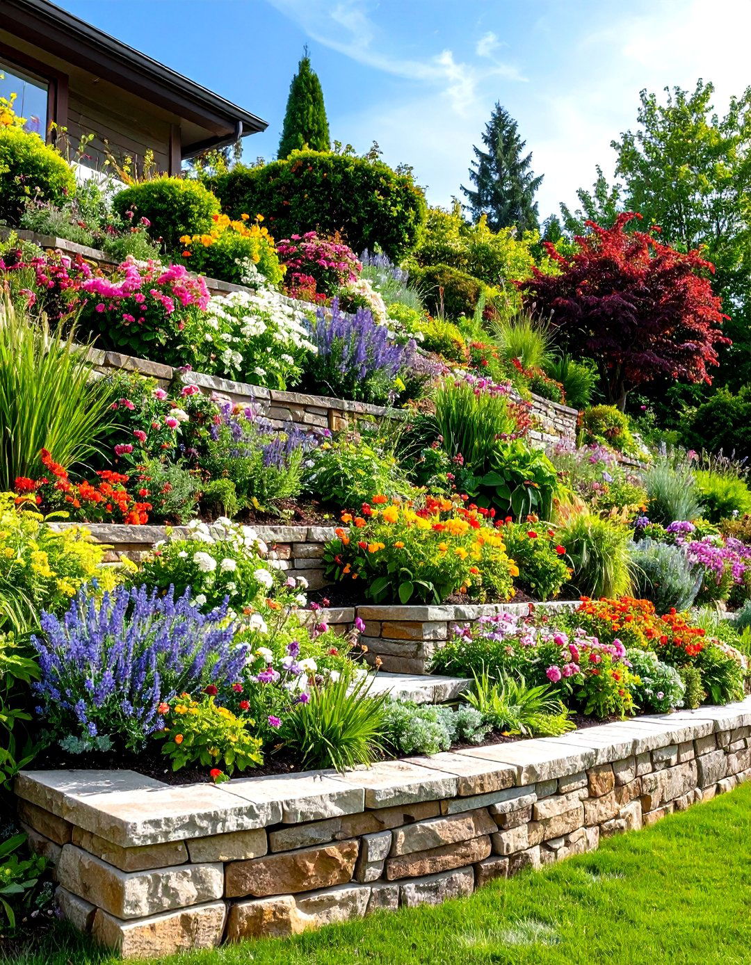 A Tiered Retaining Wall Garden - 30 easy landscaping ideas