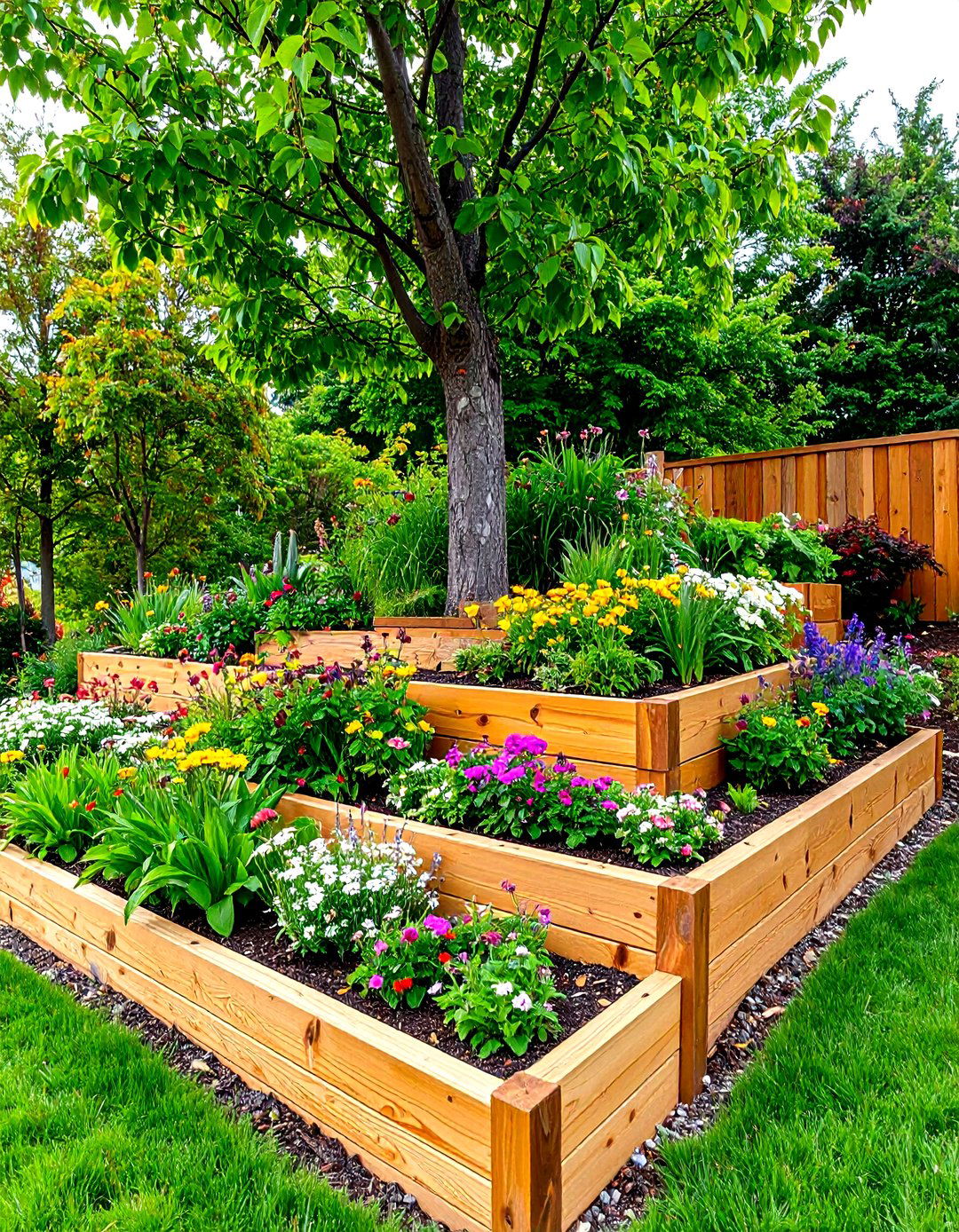 A Tiered Retaining Wall Garden - 30 landscaping ideas around trees pictures
