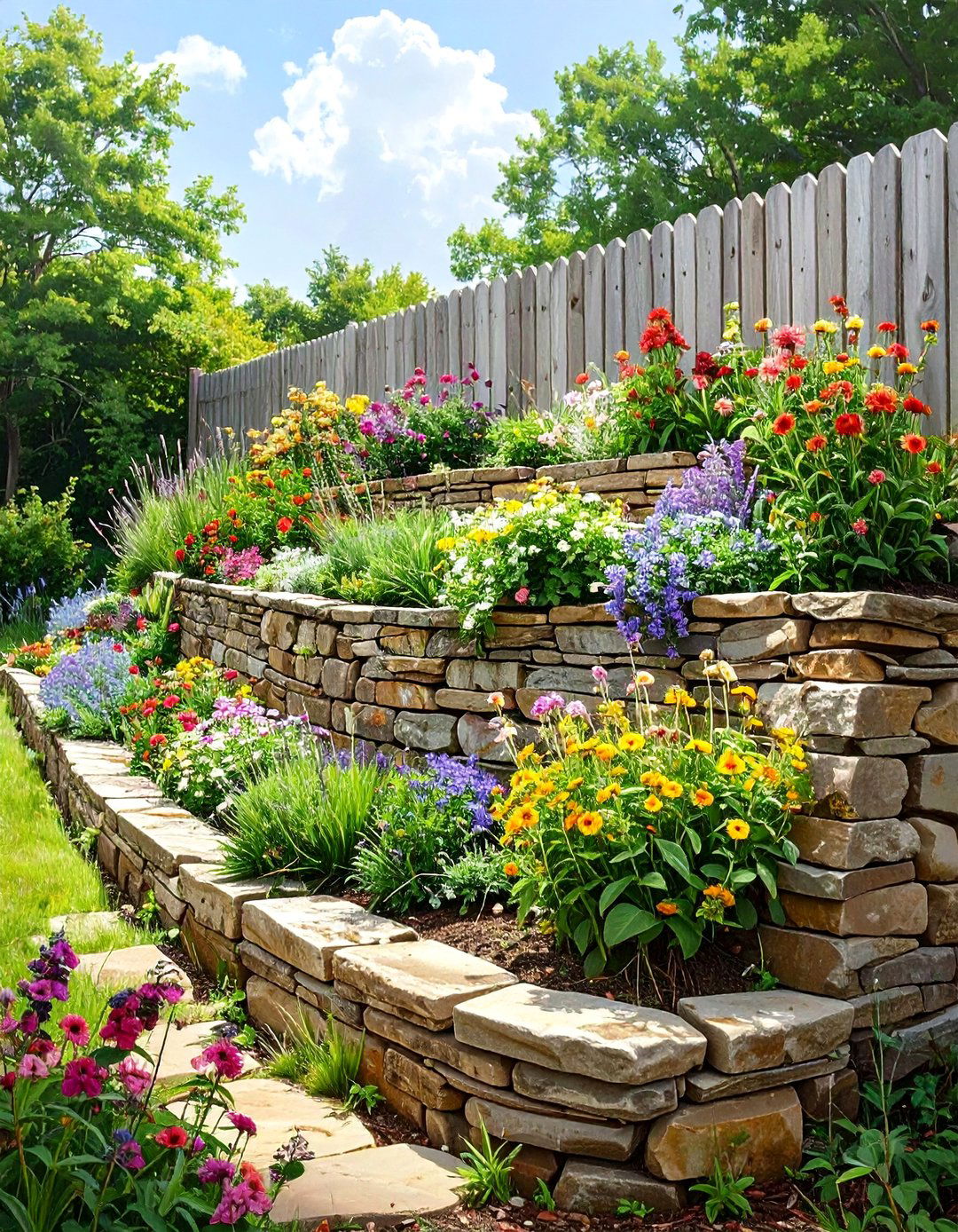 A Tiered Retaining Wall Garden - 30 along fence simple backyard landscaping ideas