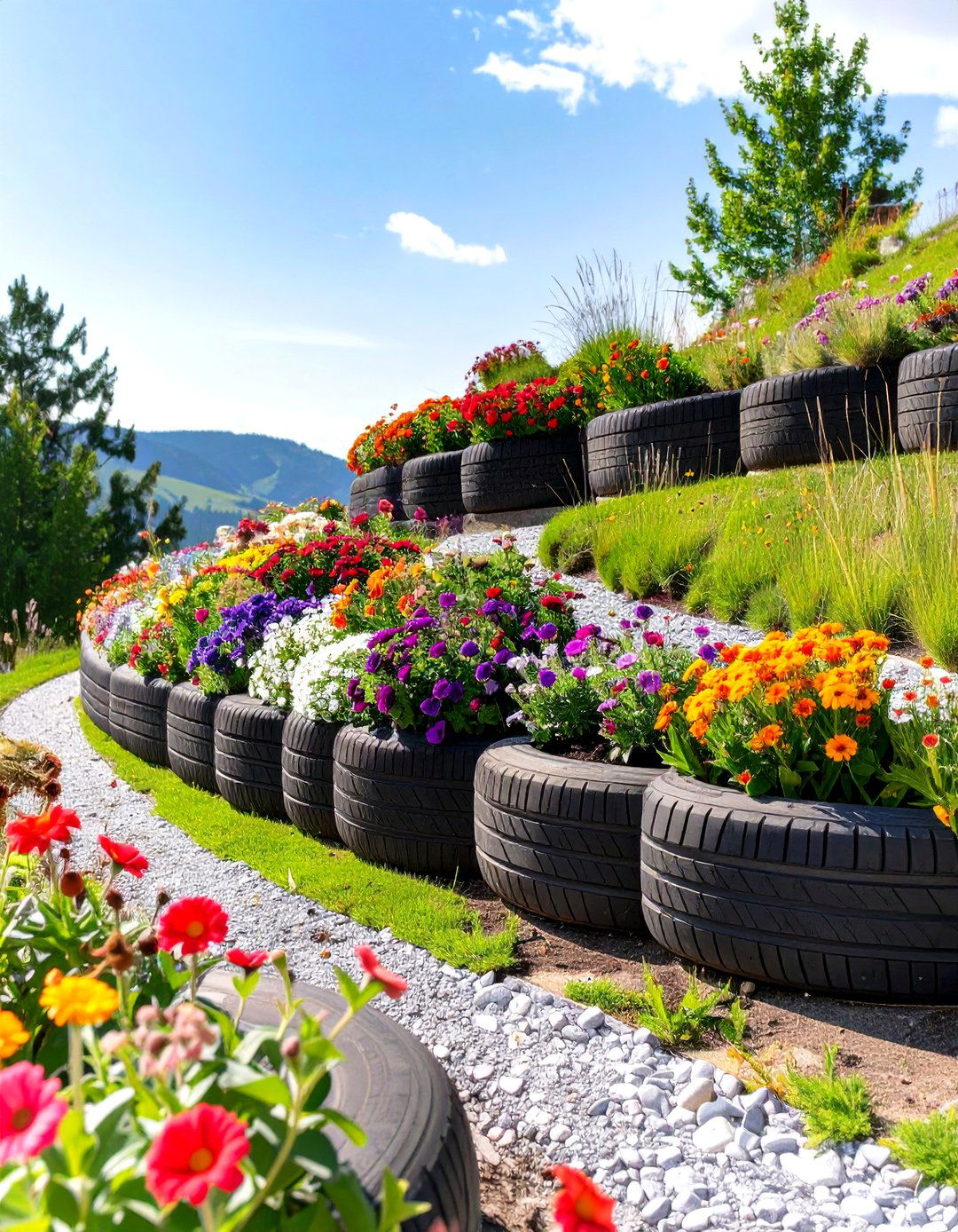 A Tiered Retaining Wall Tyre Garden - 30 creative landscape tyre garden designs