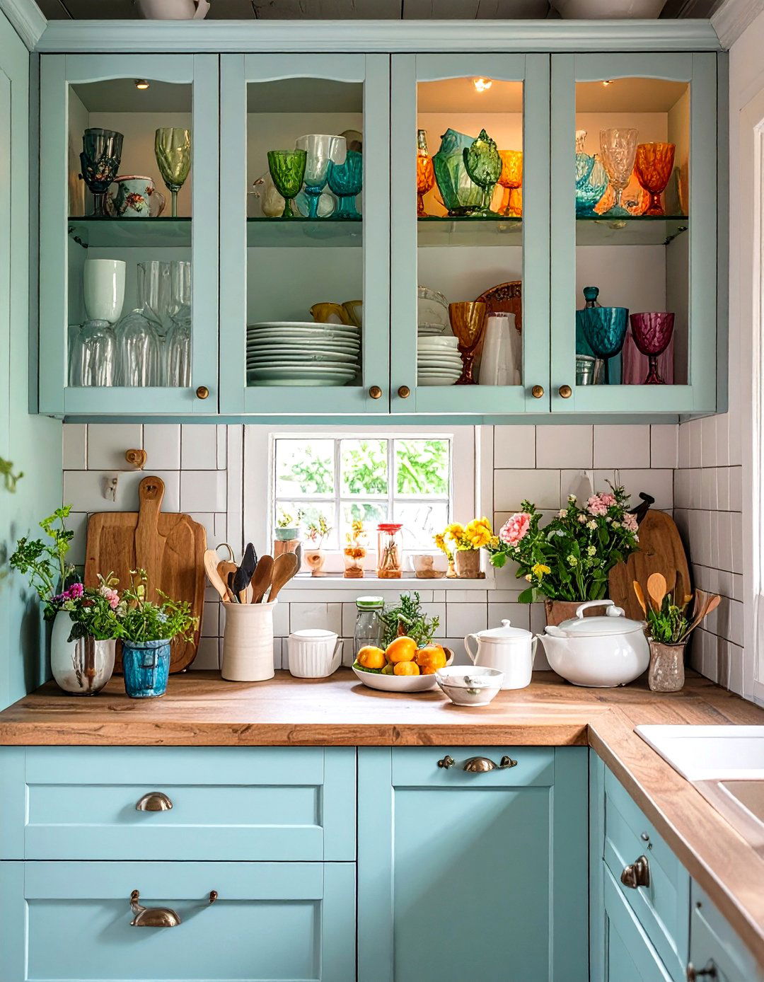 A Tiny Home Kitchen with Glass Front Cabinets - 30 tiny home kitchen ideas
