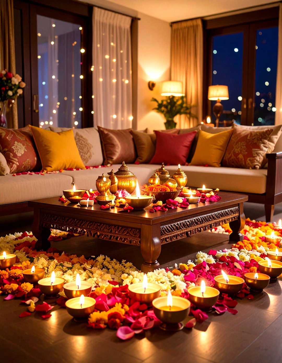 A Traditional Brass and Blooms Setting - 30 diwali decoration ideas for living room