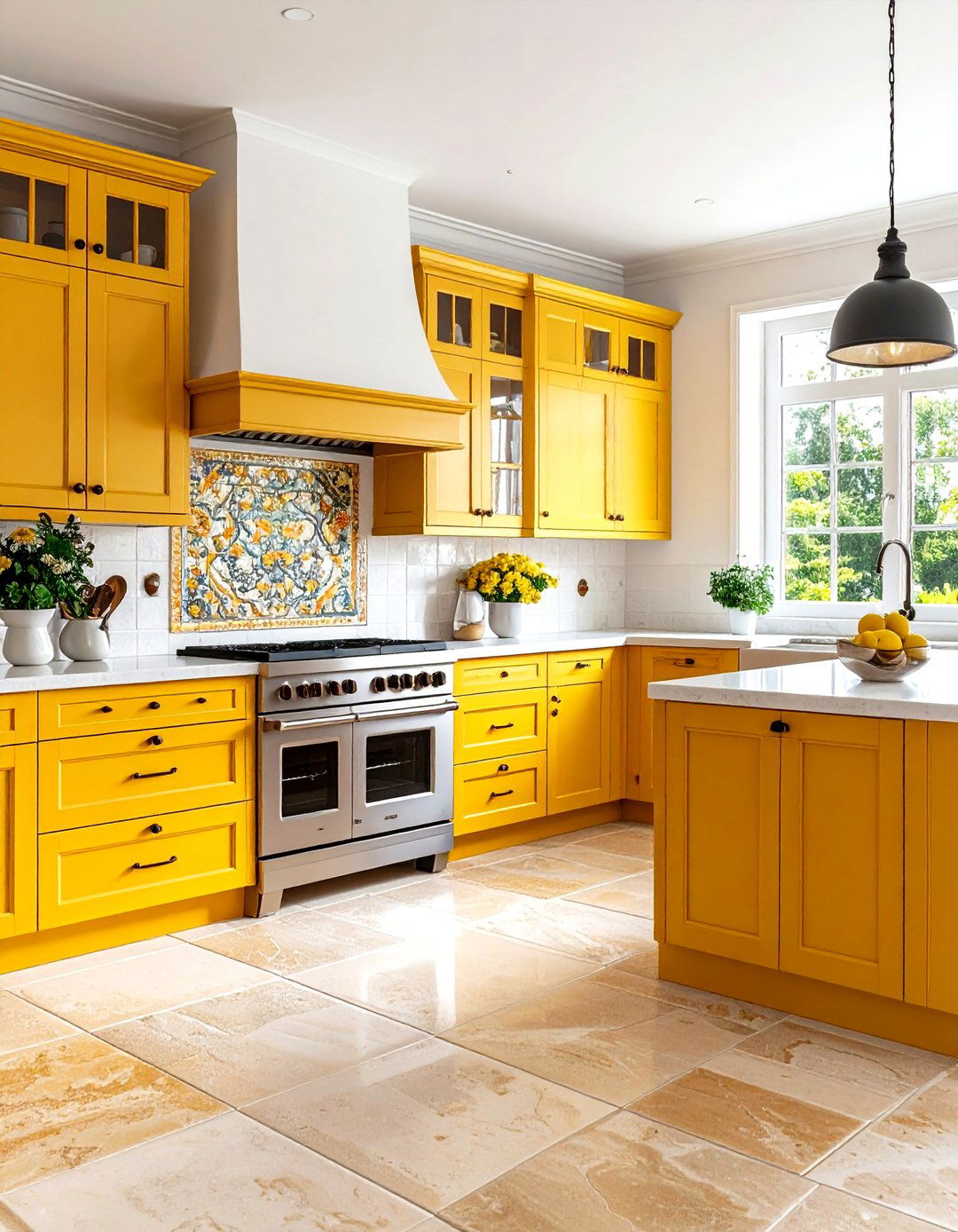 A Traditional Kitchen with Travertine Floor Tiles - 30 kitchen tile ideas