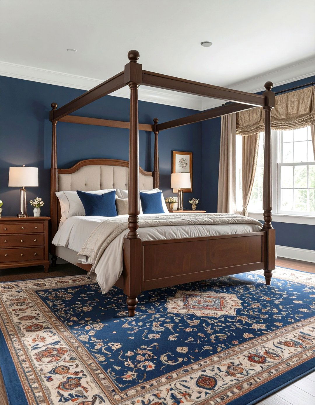 A Traditional Navy Bedroom with Wood Tones - 30 navy bedroom ideas