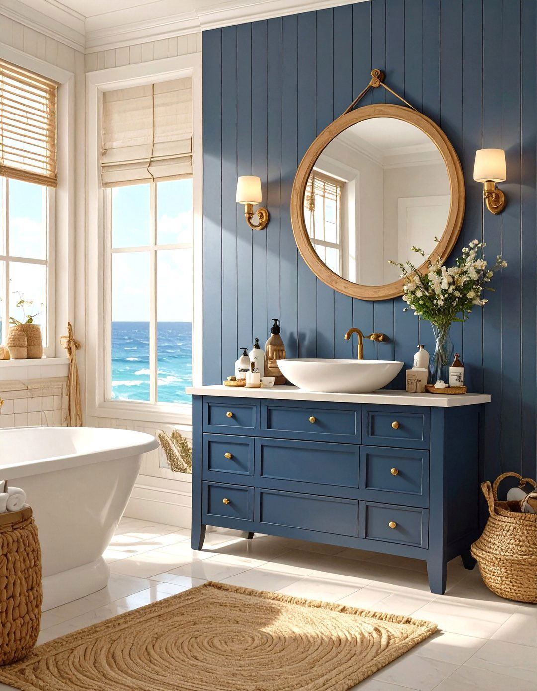 A Transitional Bathroom with Mixed Metals - 30 navy blue vanity bathroom ideas