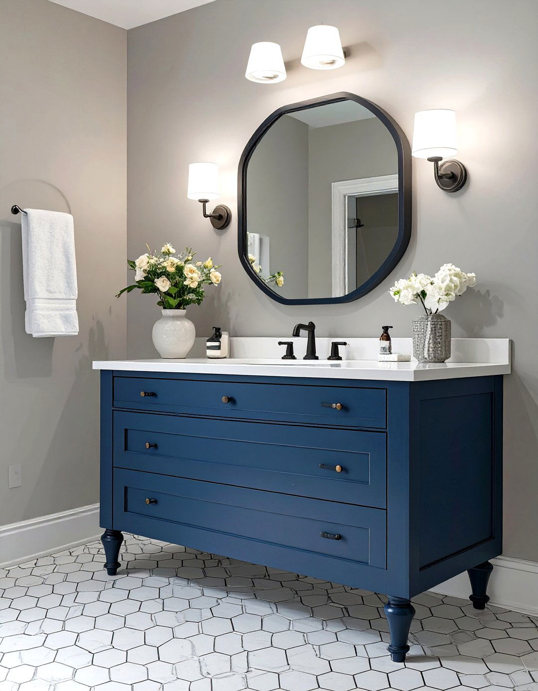 A Transitional Bathroom with a Furniture Style Vanity - 30 navy blue vanity bathroom ideas