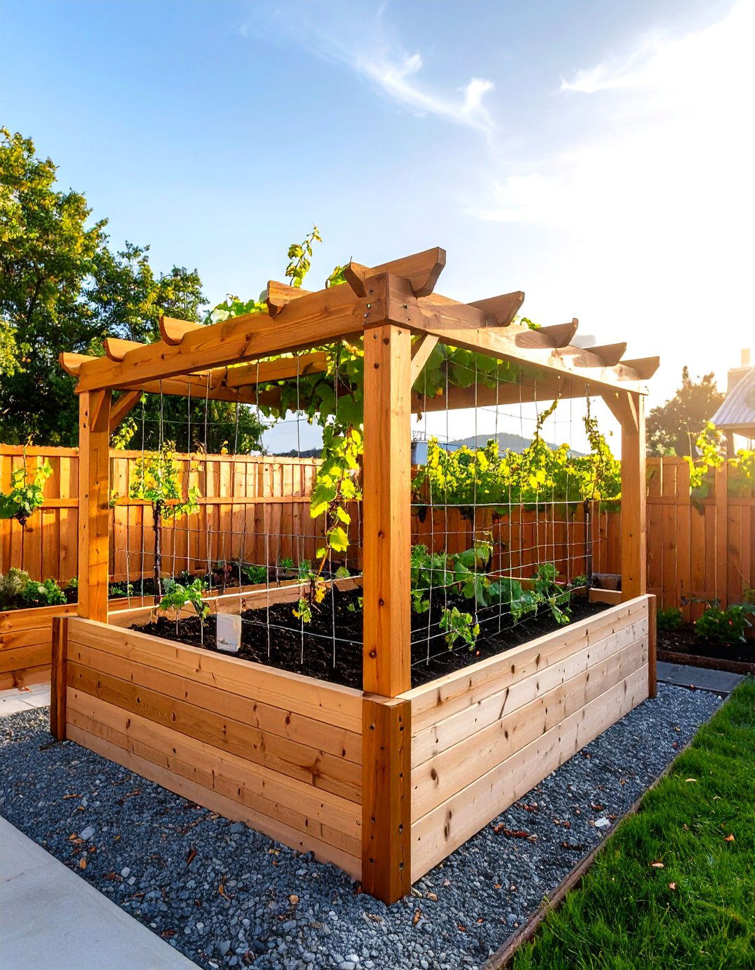 A Trellis Integrated with a Raised Garden Bed - 30 easy backyard grape vine trellis designs