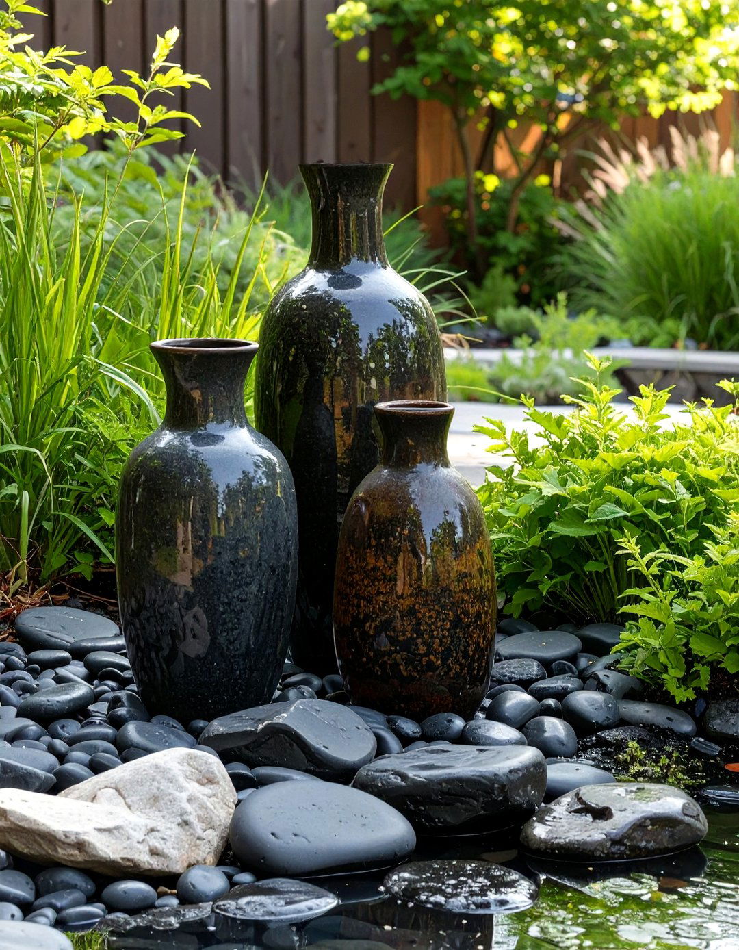 A Trio of Bubbling Vases - 30 backyard water feature ideas