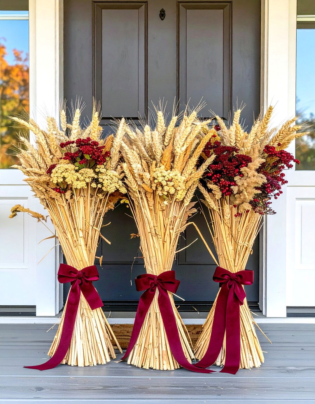 A Trio of Wheat Sheaf Bundles - 30 outdoor fall decor ideas