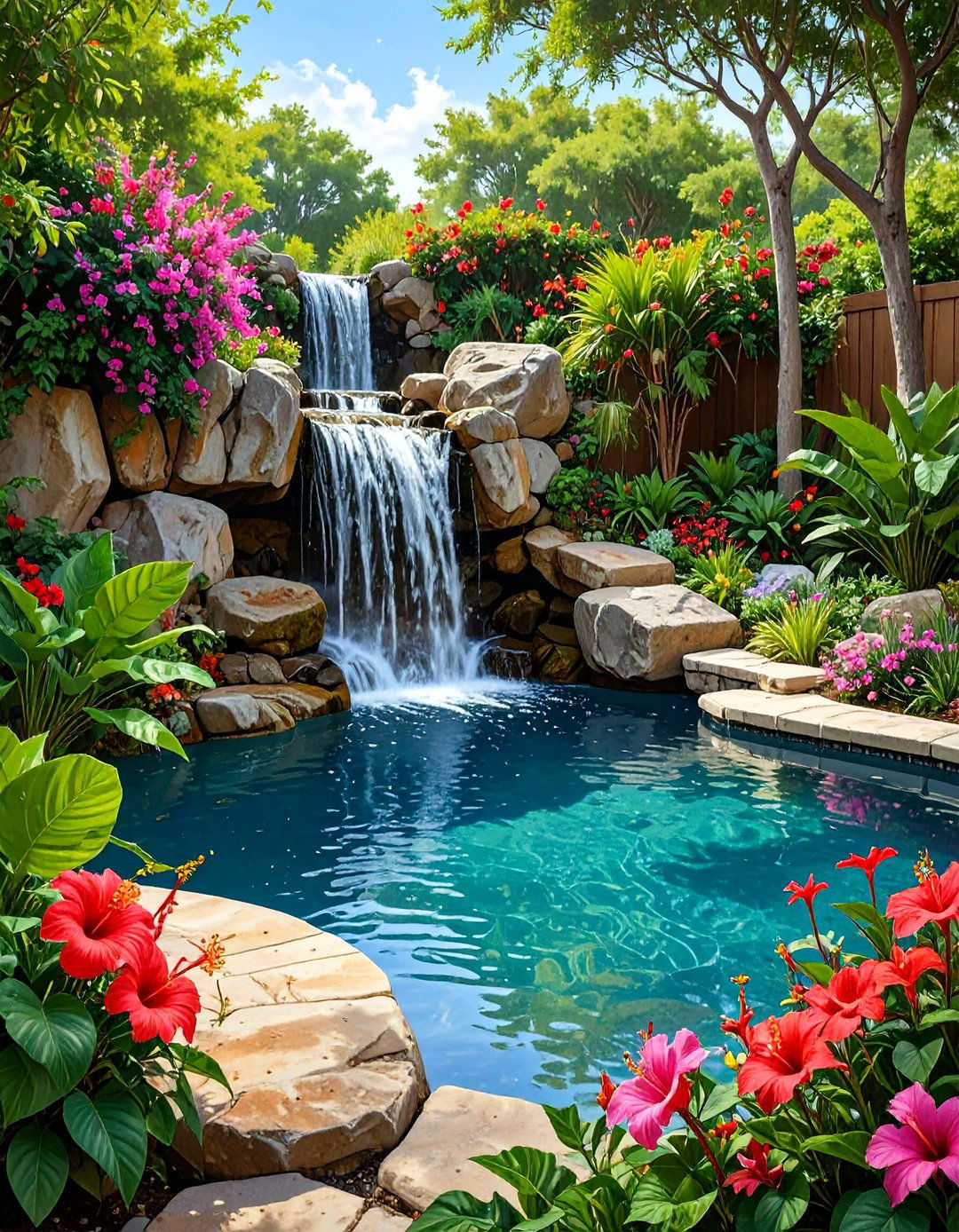 A Tropical Backyard with a Lagoon Style Pool
