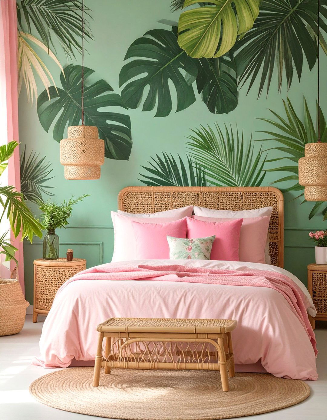 A Tropical Green and Pink Bedroom - 30 colorful bedroom ideas