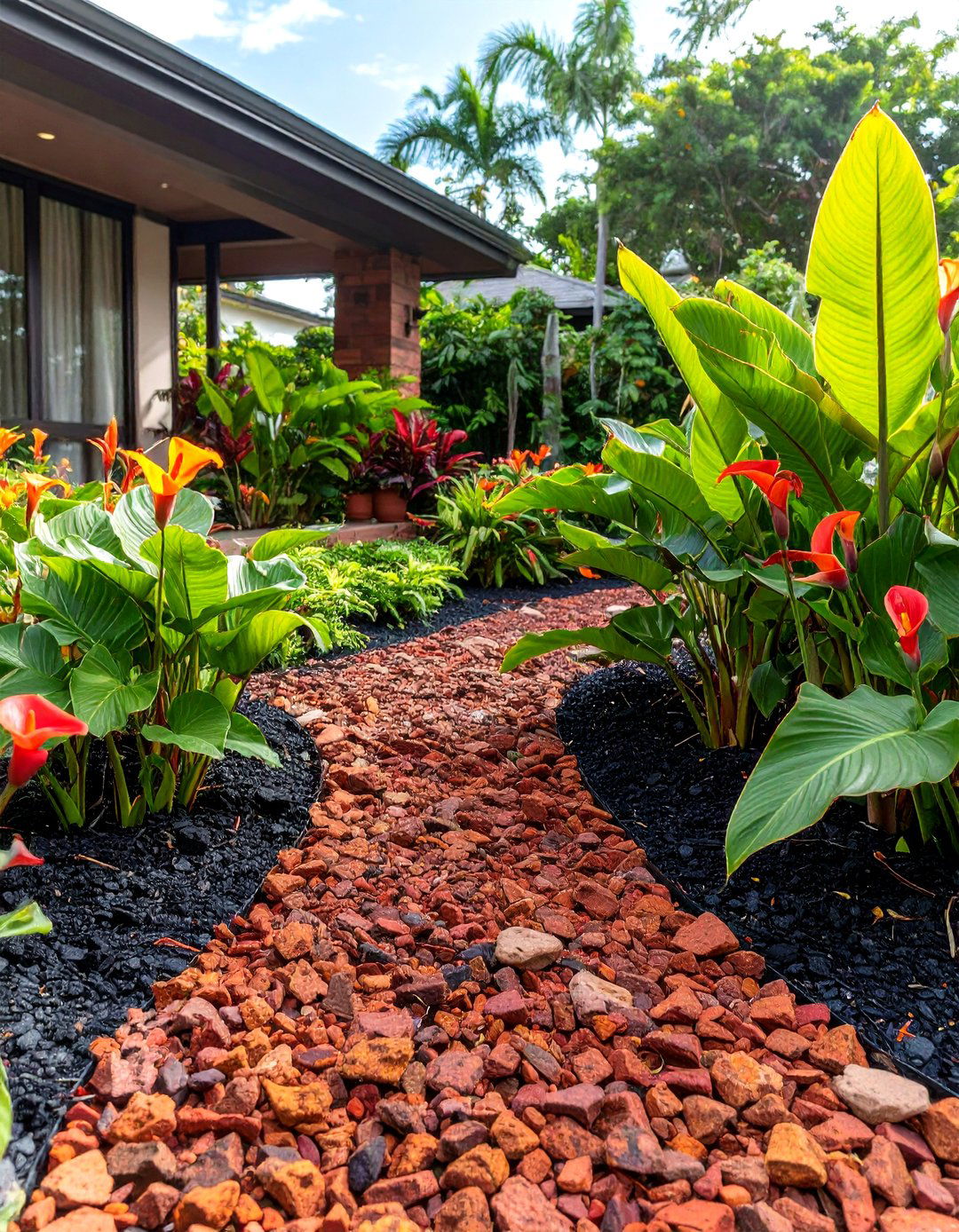 A Tropical Illusion with Lava Rock and Bold Foliage - 30 low maintenance front yard landscaping ideas with rocks and mulch