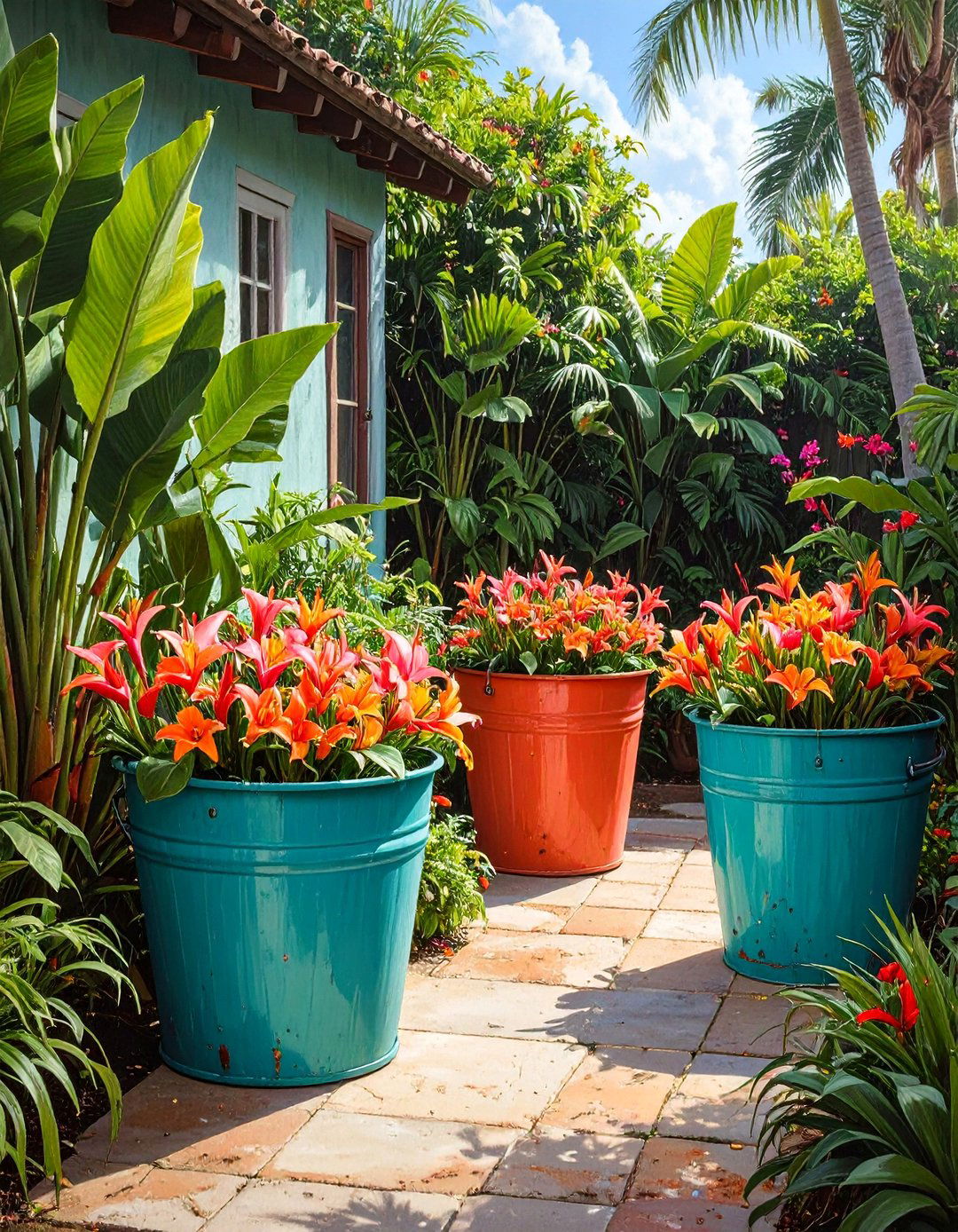 A Tropical Oasis Bucket Garden - 30 bucket garden ideas