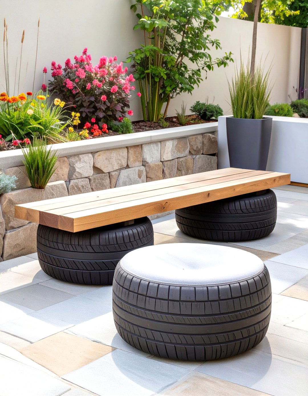 A Tyre Garden Seating Area - 30 creative landscape tyre garden designs