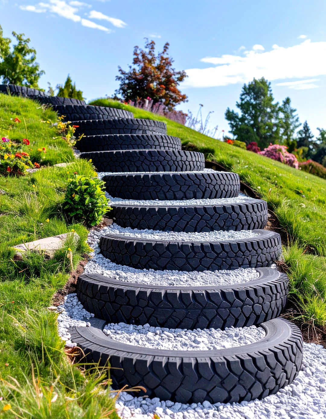A Tyre Garden Staircase on a Slope - 30 creative landscape tyre garden designs