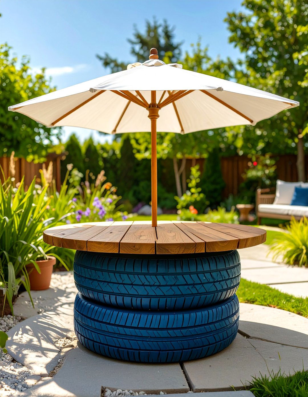 A Tyre Garden Table with Umbrella - 30 creative landscape tyre garden designs