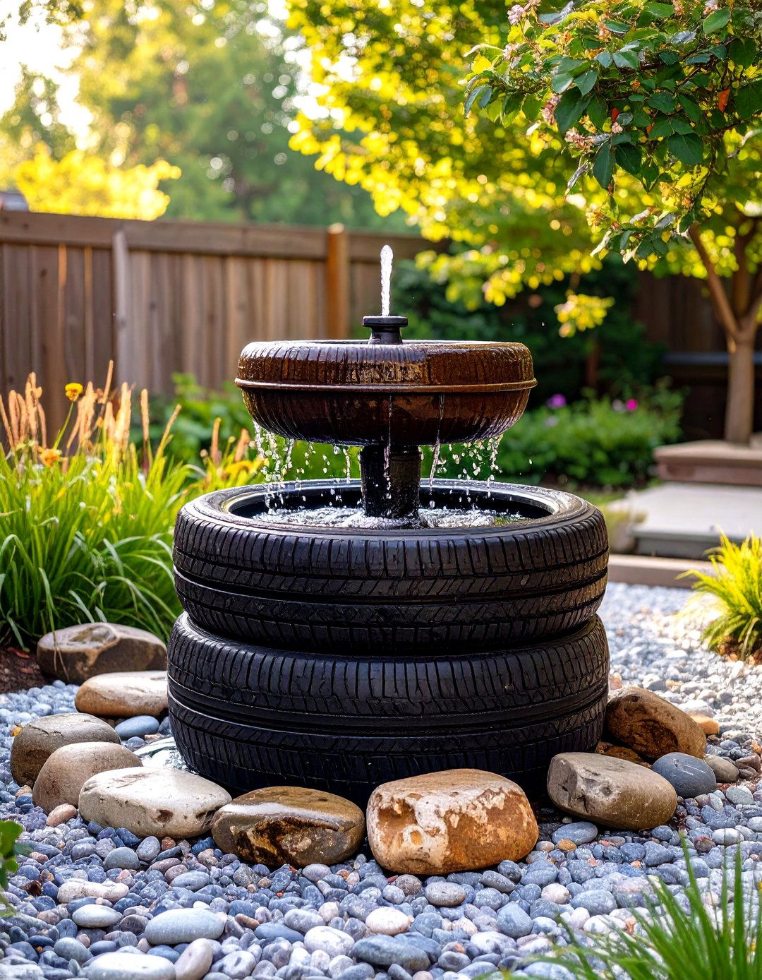 A Tyre Garden Water Fountain - 30 creative landscape tyre garden designs