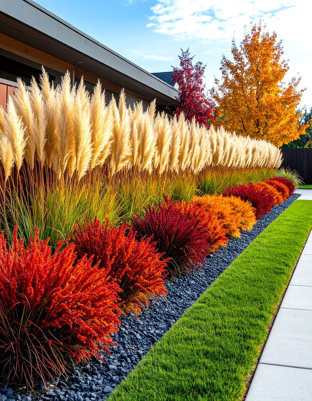 A Uniform Line of Ornamental Grasses - 30 driveway border landscaping ideas