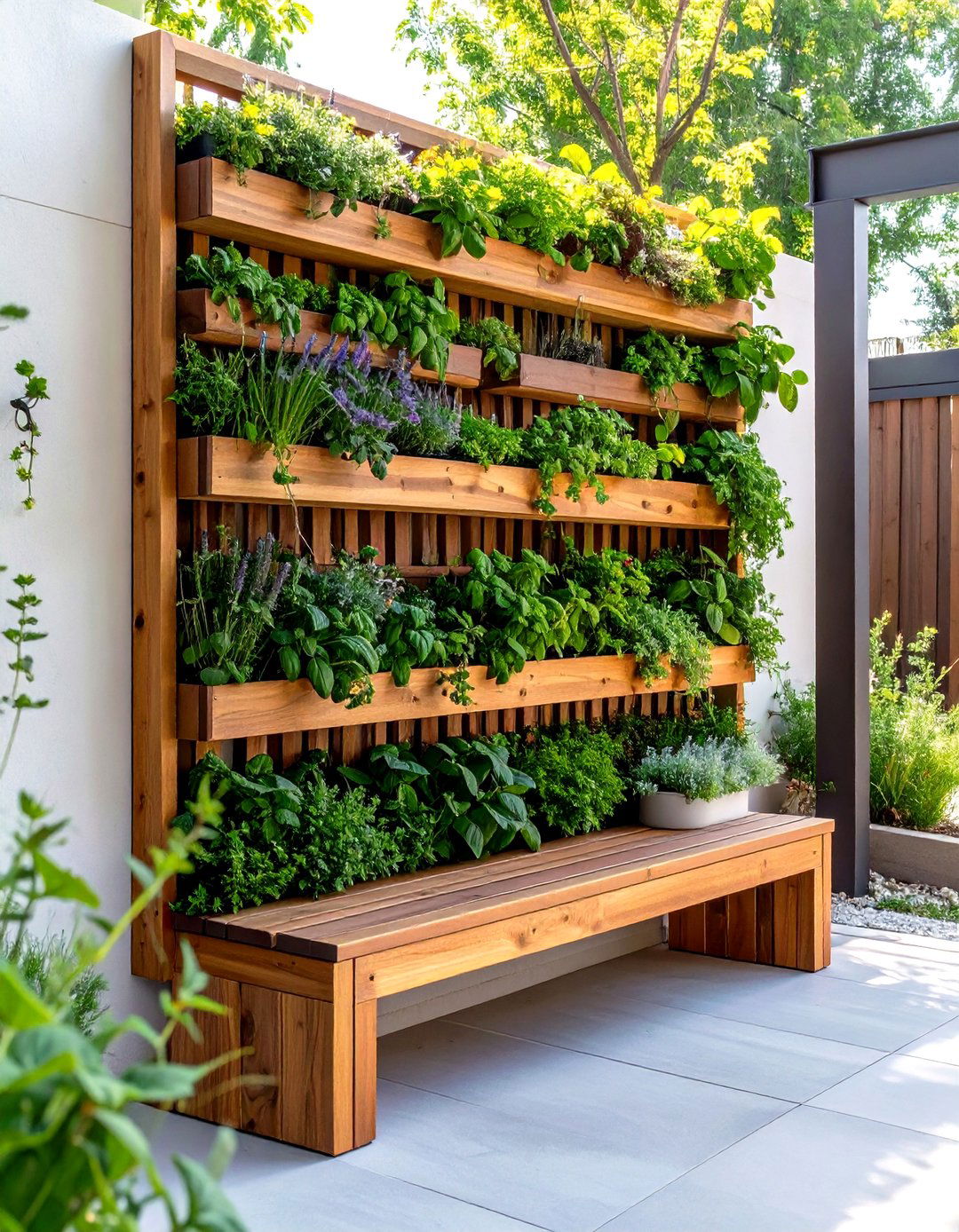 A Vertical Garden with a Built in Bench - 30 small patio furniture ideas