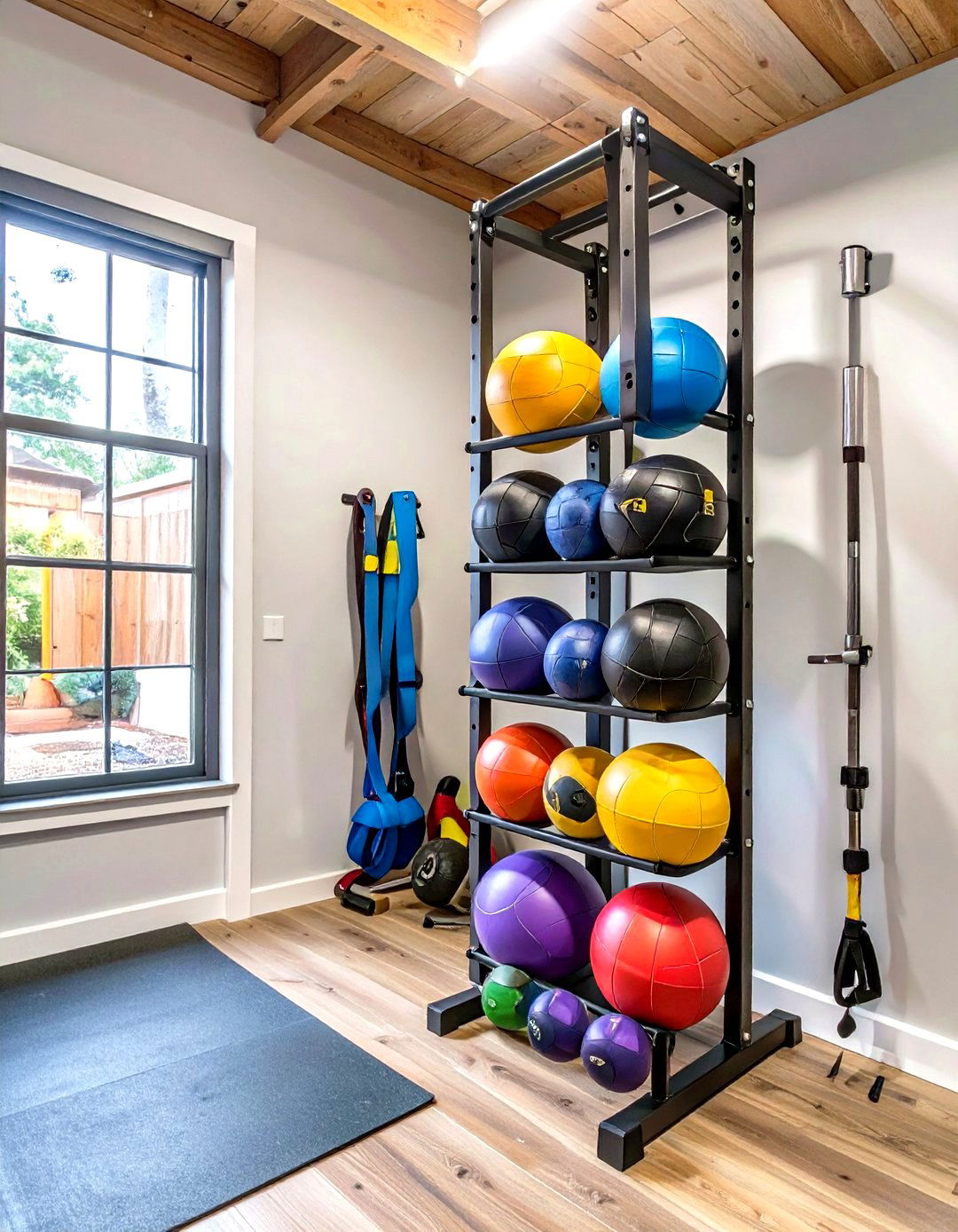 A Vertical Medicine Ball Storage Rack in a Small Garage Gym - 30 small garage gym ideas
