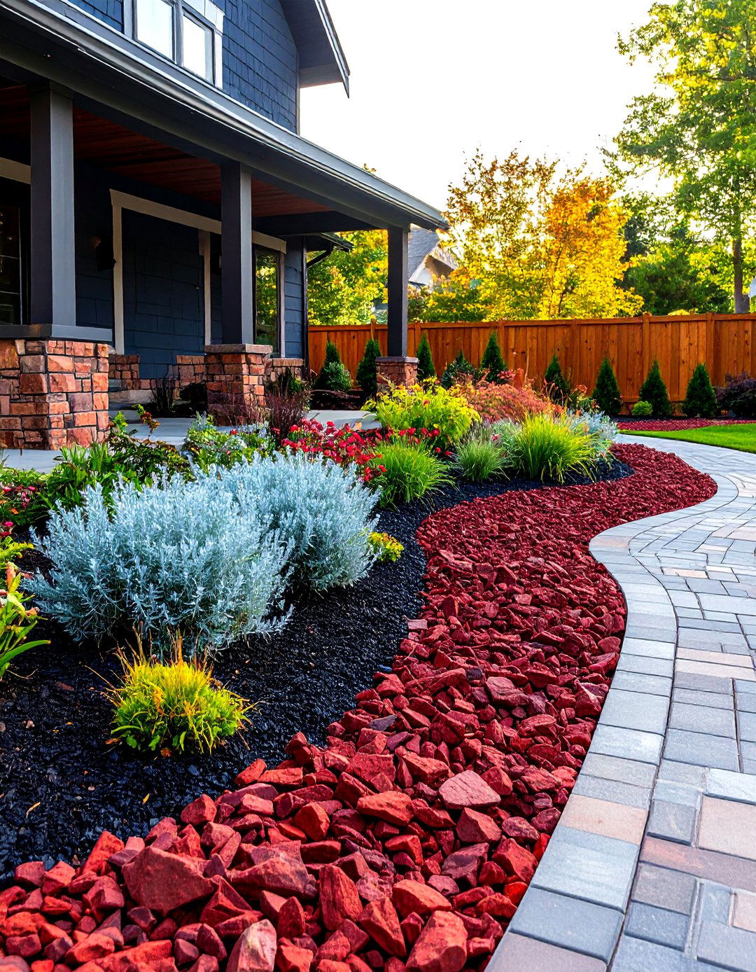 A Vibrant Lava Rock Display - 30 front yard landscaping ideas with rocks and mulch