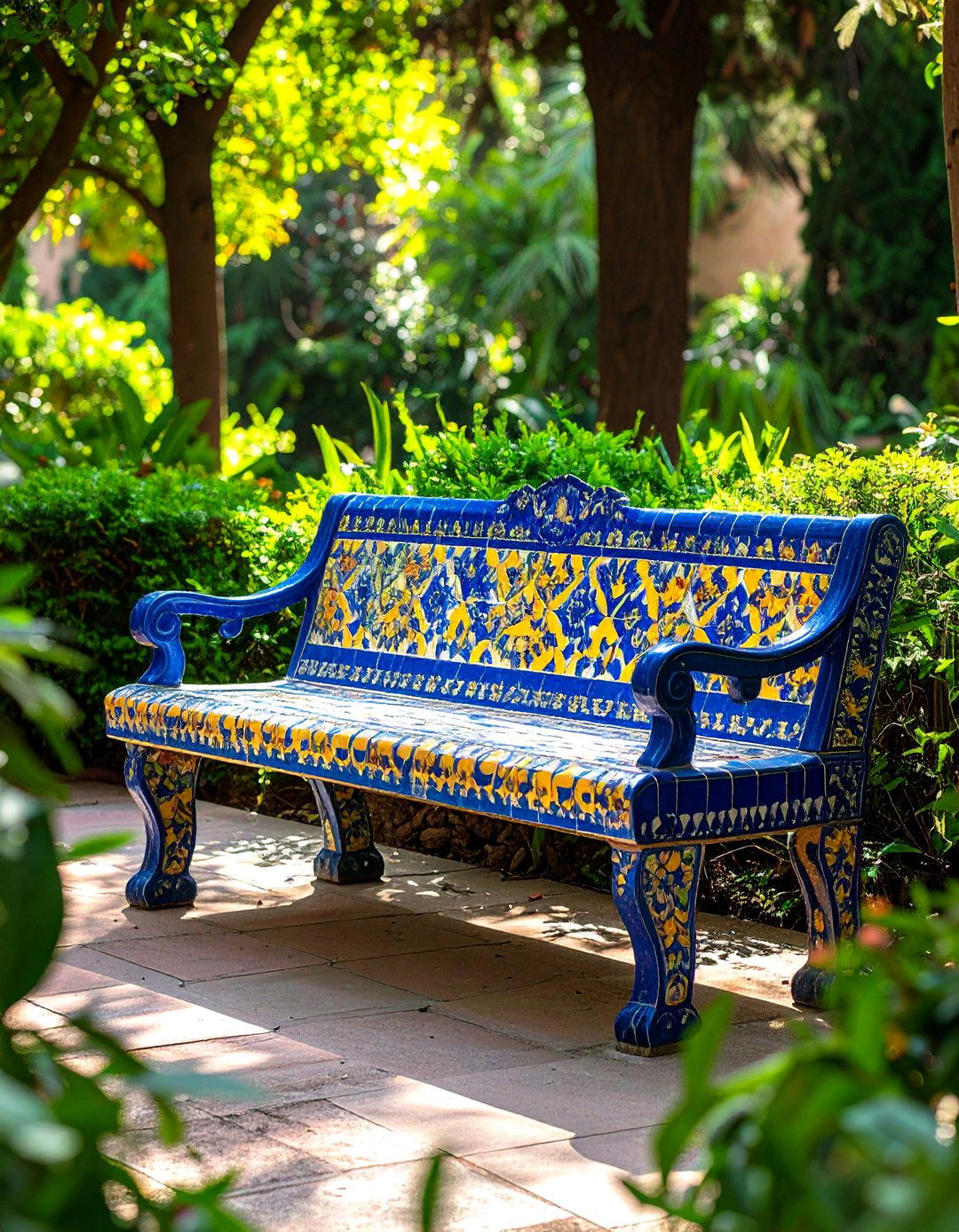 A Vibrant Mosaic Tiled Garden Bench - 30 garden bench ideas