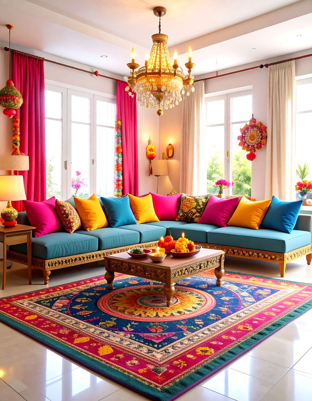 A Vibrant Rangoli Inspired Palette - 30 diwali decoration ideas for living room
