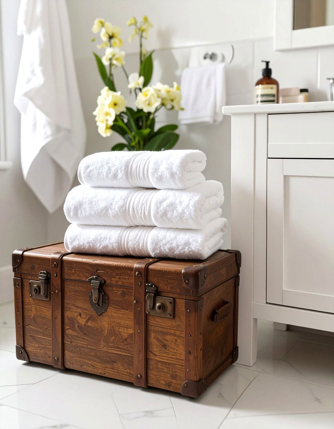 A Vintage Suitcase Stand - 30 bathroom towel hanging ideas