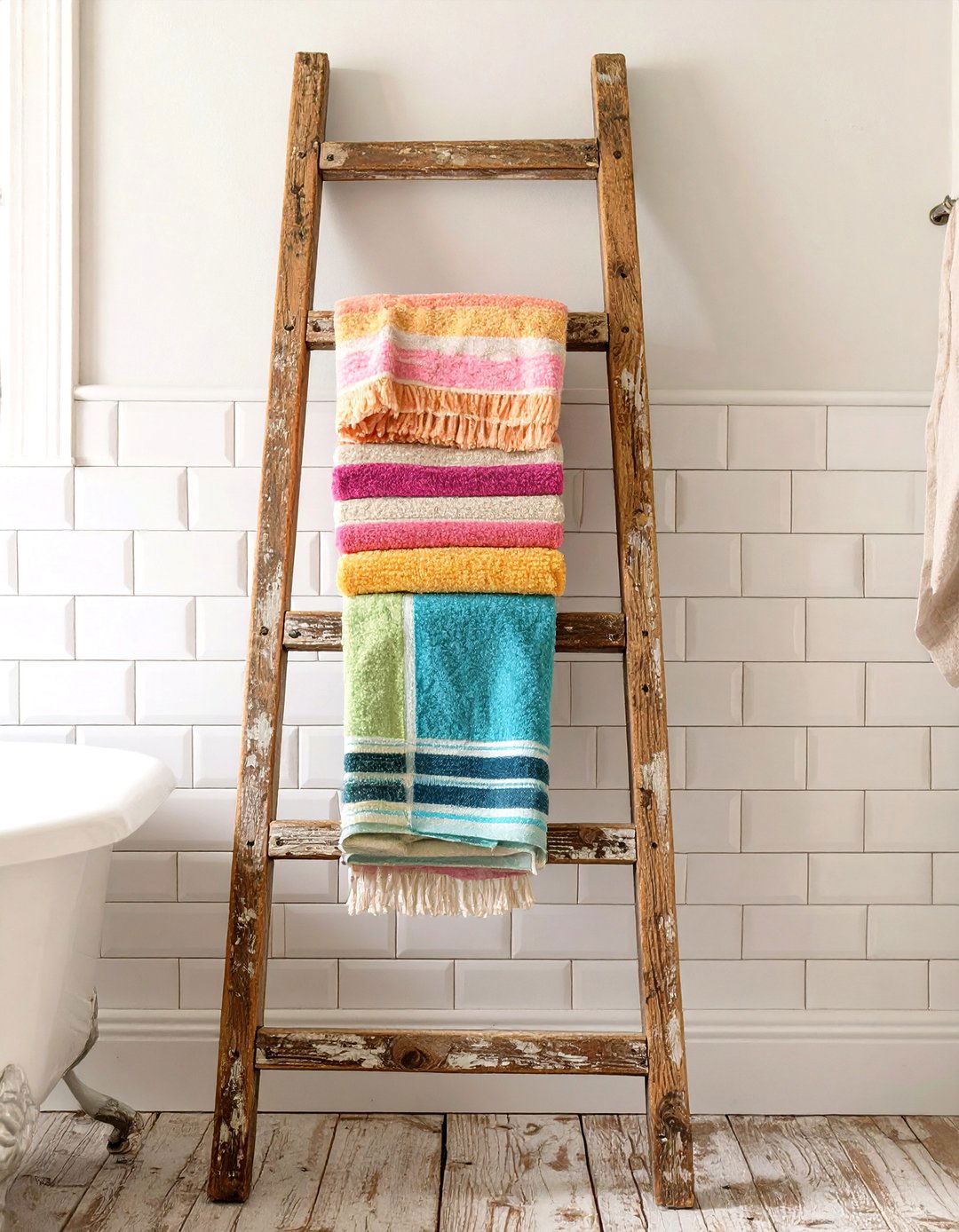 A Vintage Wooden Ladder for Towel Storage - 30 vintage bathroom ideas