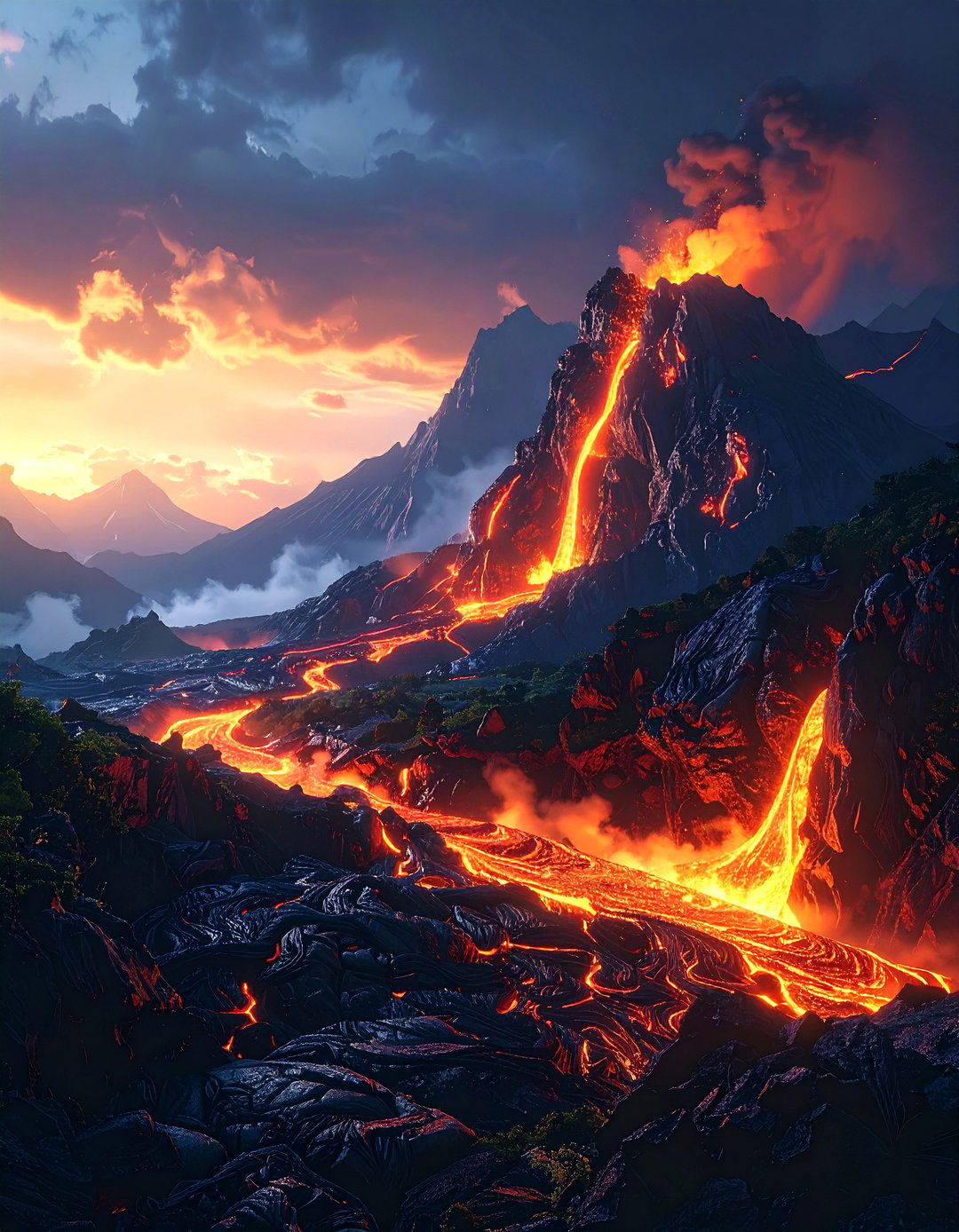 A Volcanic Landscape with Lava Flow - 30 landscape drawing ideas