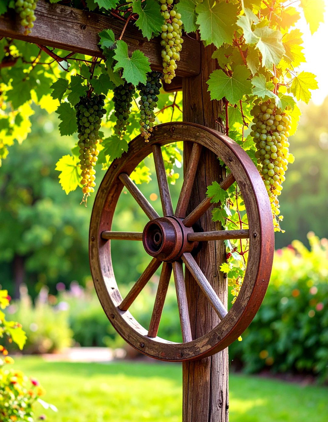 A Wagon Wheel Trellis Feature - 30 easy backyard grape vine trellis designs