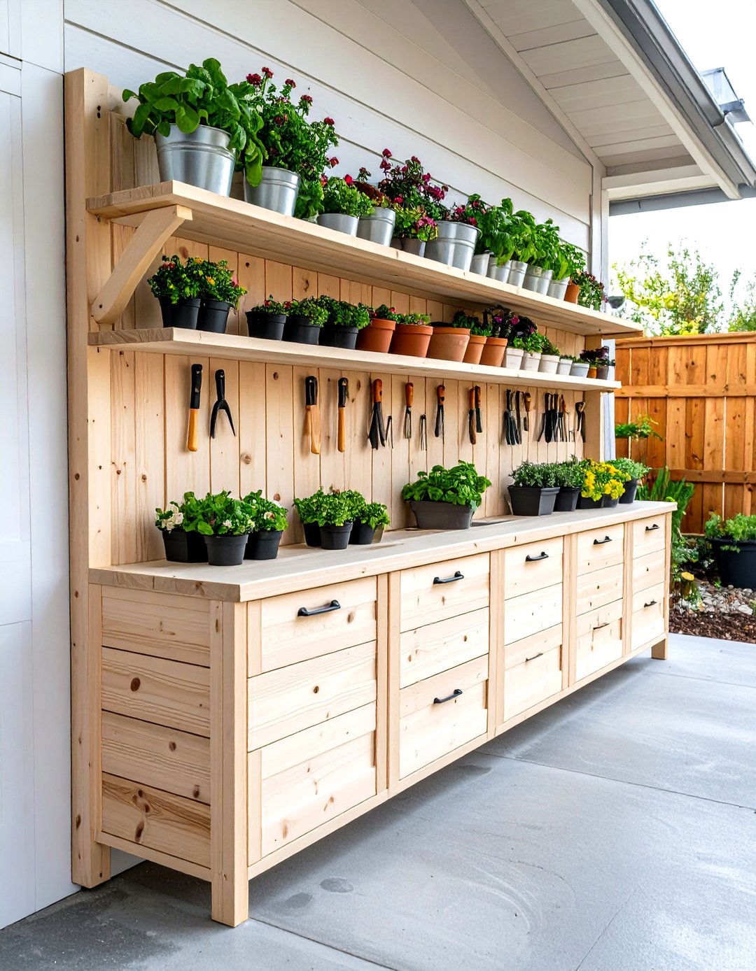 A Wall Mounted Fold Down Potting Bench - 30 garden tool storage ideas