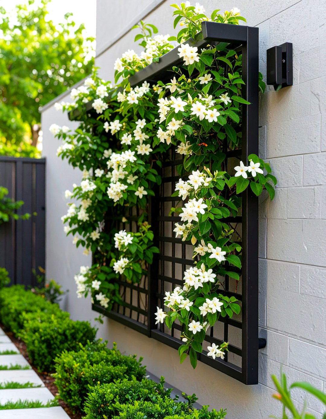 A Wall Mounted Trellis with Climbing Vines - 30 small backyard landscaping ideas