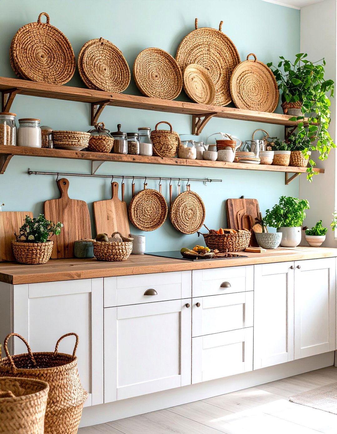 A Wall Of Woven Baskets For Kitchen Decor - 30 empty wall in kitchen ideas