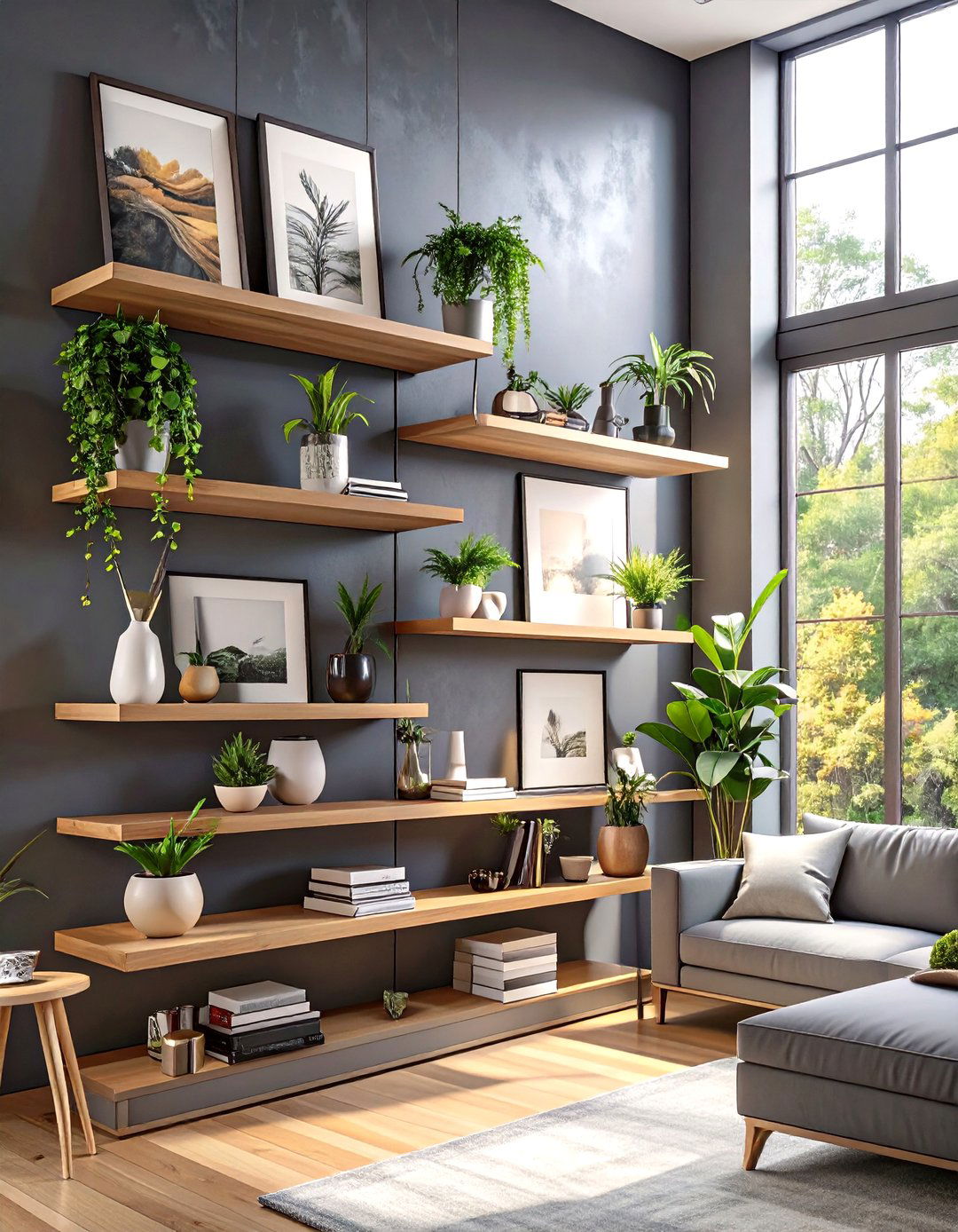 A Wall of Floating Shelves - 30 modern large wall decor ideas for living room