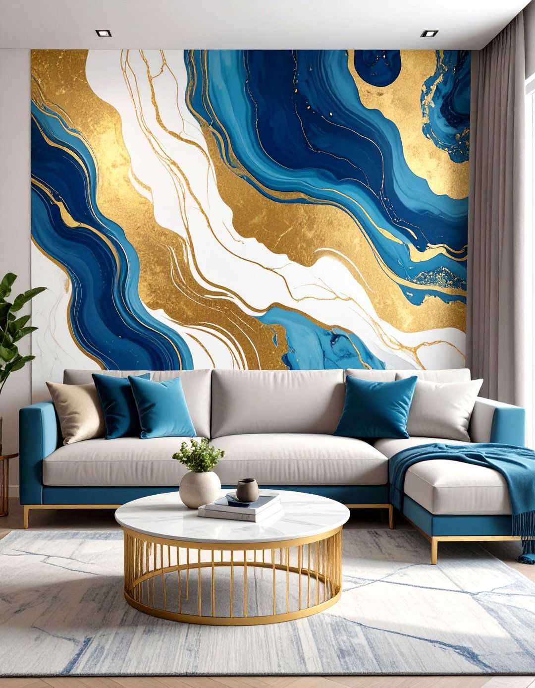 A Wall with Artistic Abstract Murals - 30 accent wall ideas living room