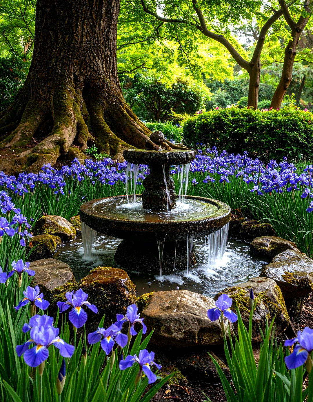 A Water Feature with a Small Fountain - 30 landscaping ideas around tree roots