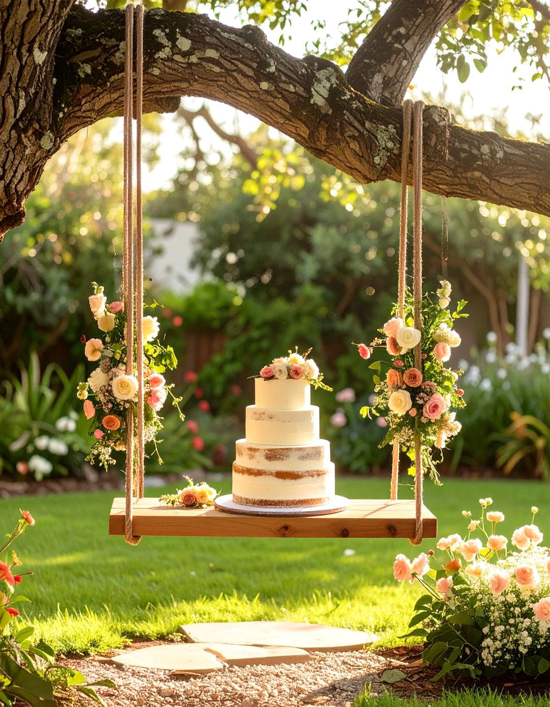A Wedding Cake Swing Display - 30 small backyard wedding ideas