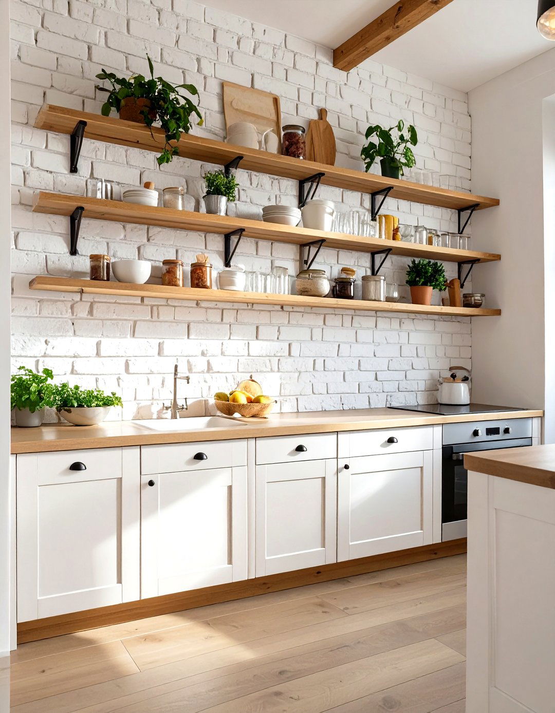 A White Painted Brick Accent Wall - 30 small coastal kitchen ideas